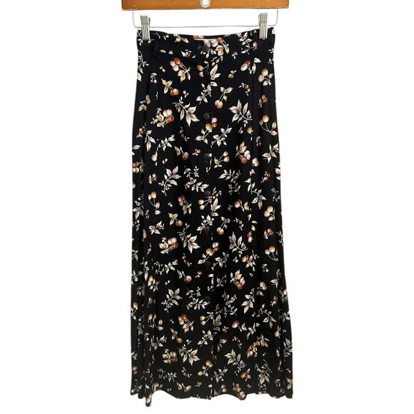 Vintage Floral Button Front Midi Skirt Black Size 00 Whimsygoth Grunge 90s Boho - Picture 2 of 8